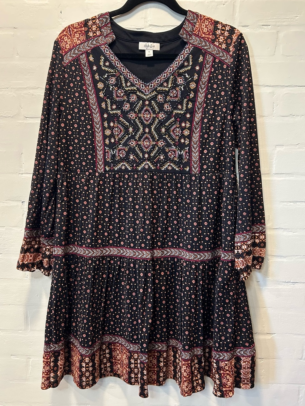 Style & Co Bohemian Tiered Dress Beaded Embroidered Festival Mini Large Petite